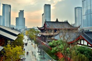 Chengdu street scene showing old and new (Temples, Shopping District, and Modern City Center) -  China